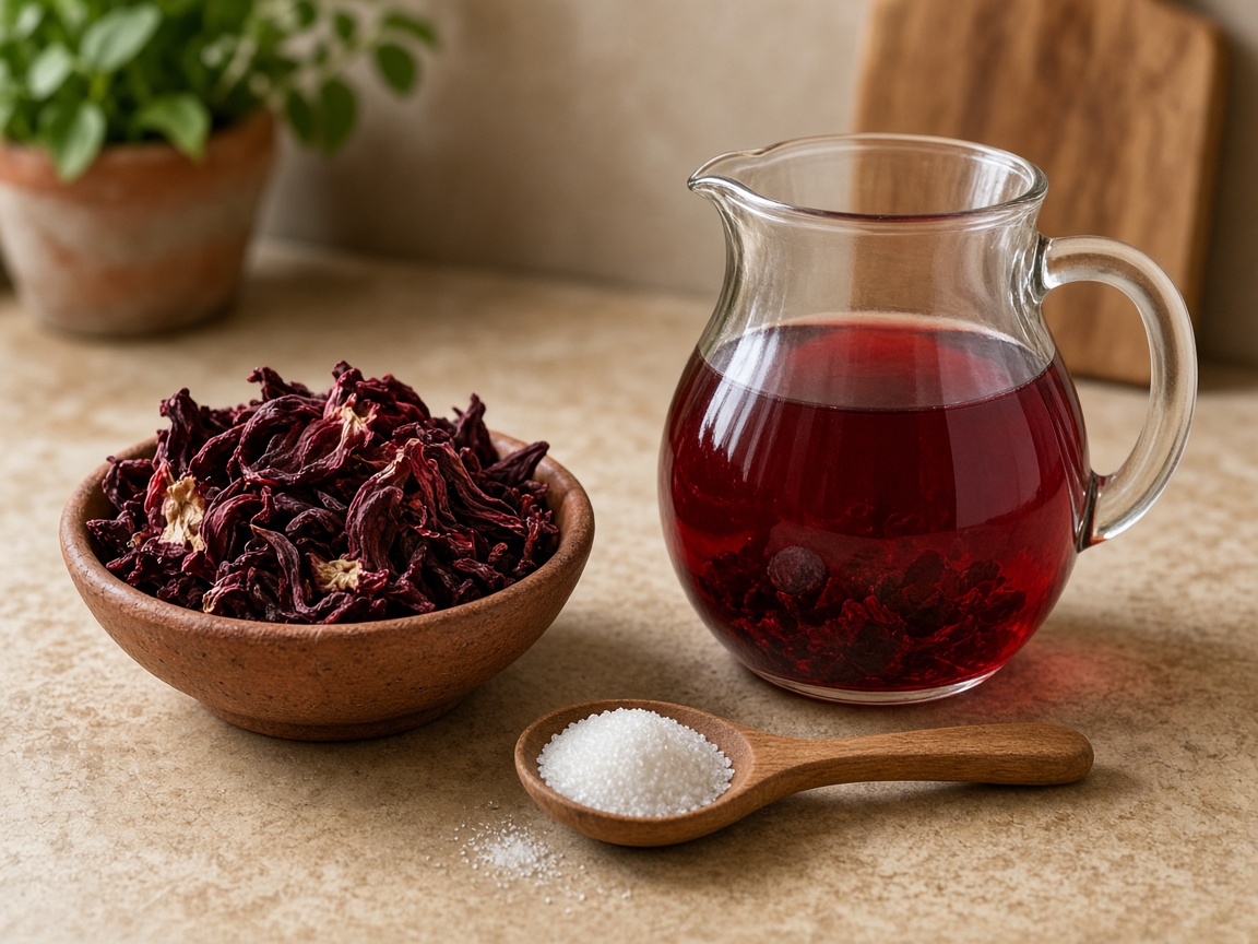 Dried hibiscus flowers next to a pitcher of agua de jamaica